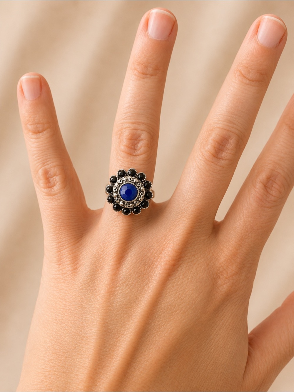 Vintage-Inspired Blue Centerstone Flower Ring - Women Jewelry